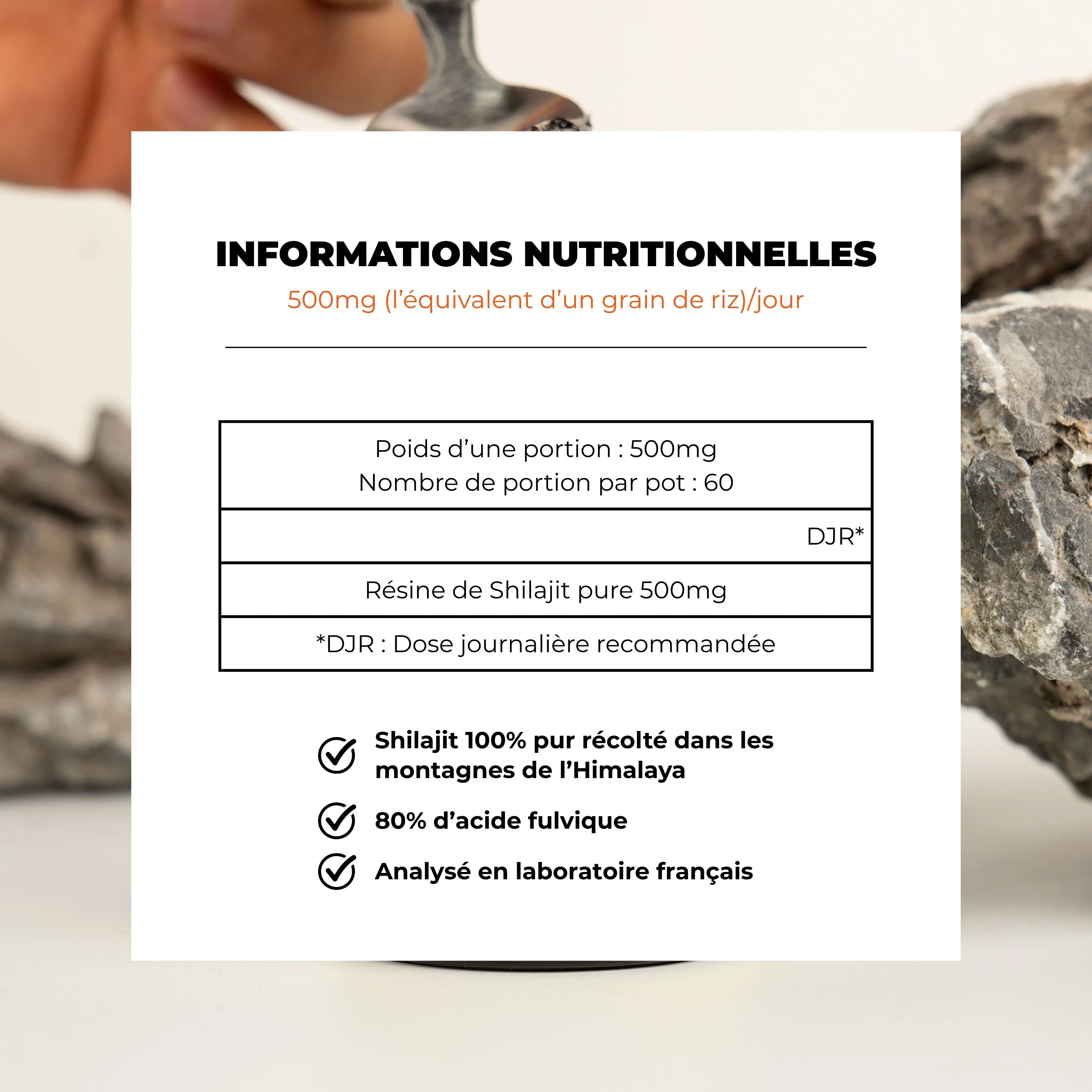 Information nutritionnelle de la résine de Shilajit Peako Power